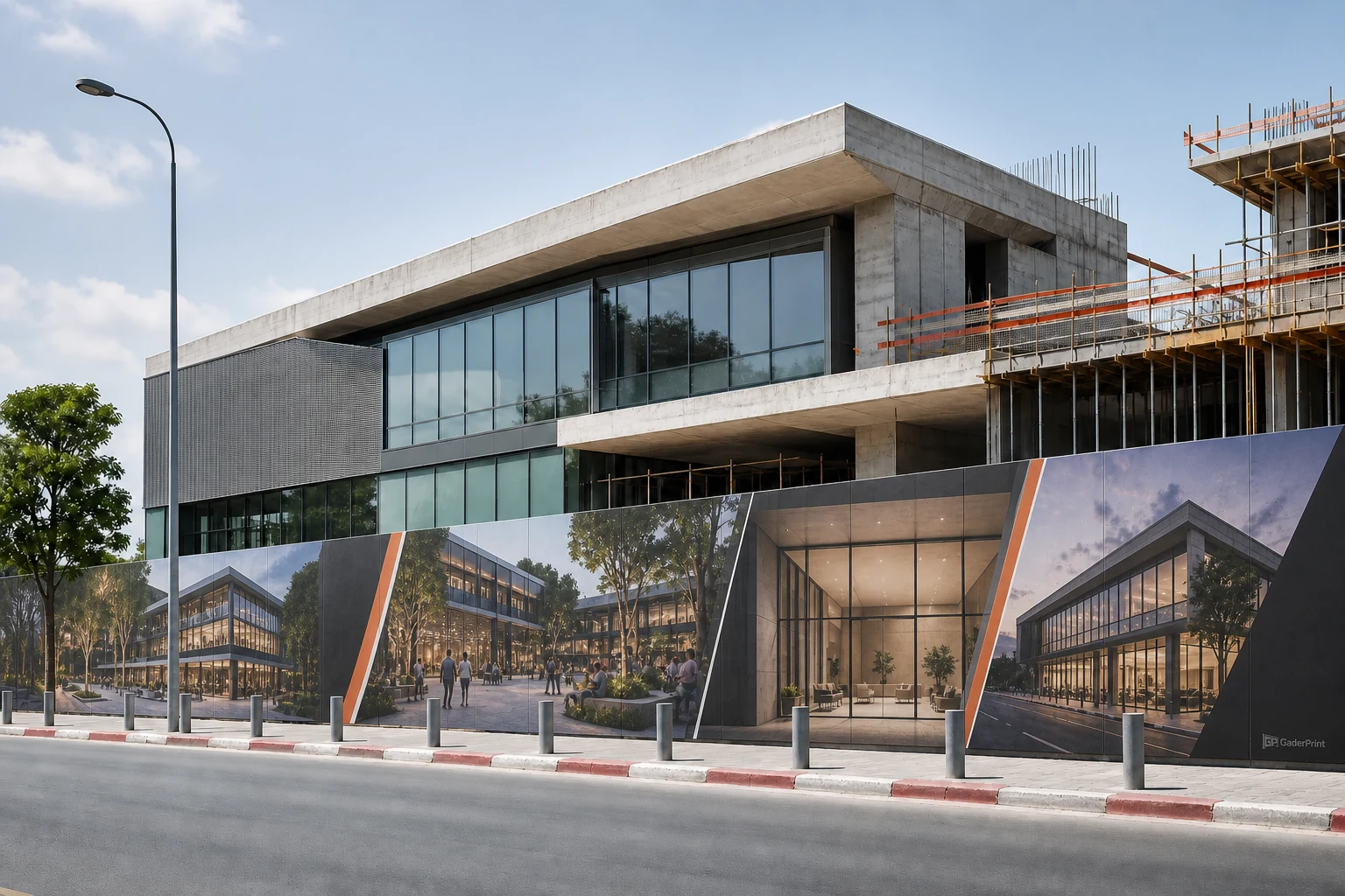הדמיית AI של הדפסי הדמיות אדריכליות על גדר סביב מתחם מסחרי בבנייה