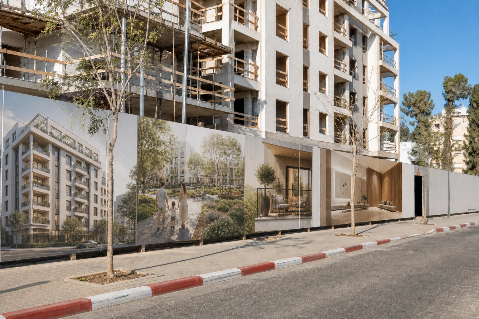 הדמיית AI של הדפסי הדמיות אדריכליות על גדר של פרויקט מגורים בבנייה